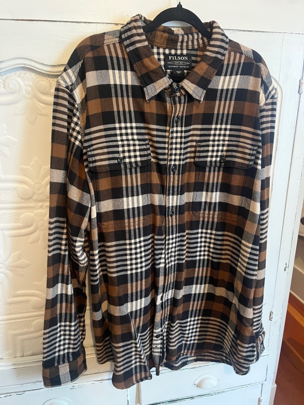 Filson Brown Black and Cream Plaid Flannel Shirt